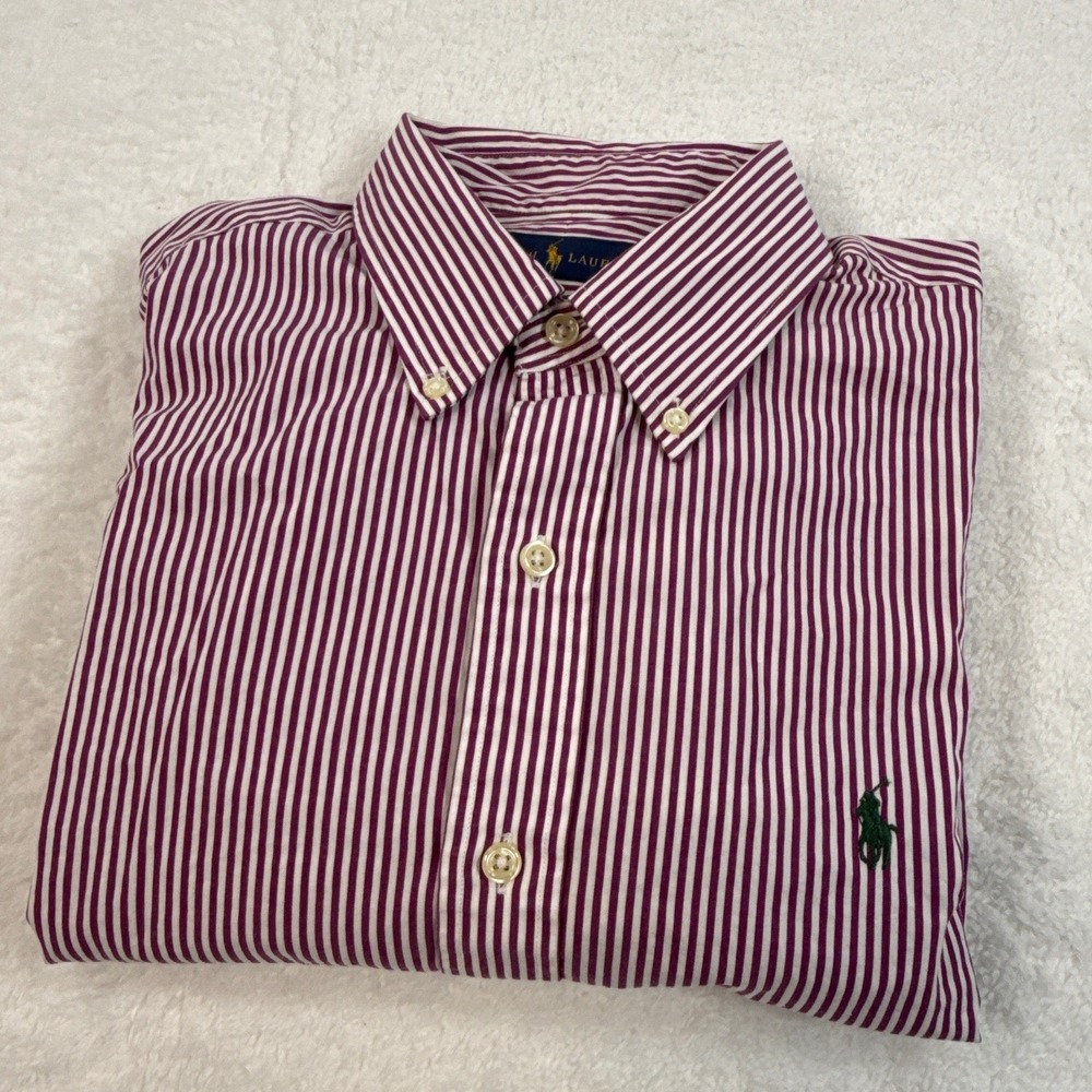 Polo Ralph Lauren Green Pont Mens Medium Purple White Stripe Button Down Shirt